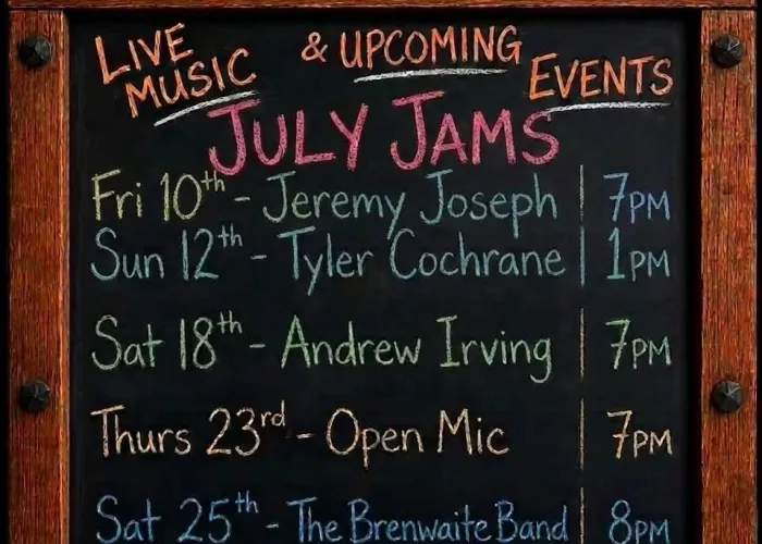Blackboard with list of July Events at the Bancroft Brewing Company, Wooden frame, venue logo at the top