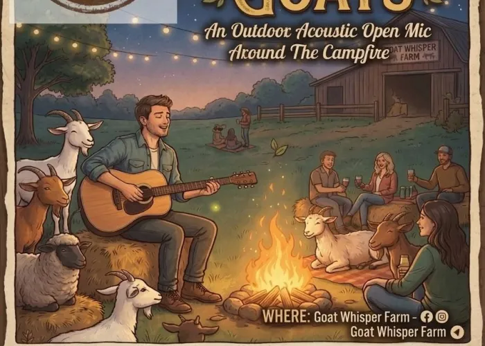 Farm logo top left corner, cartoon scene with person holding guitar and singing in front of a campfire surrounded by people an goats, event details